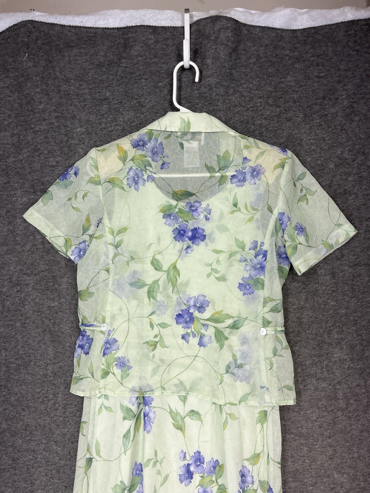 Vintage Karin Stevens Midi Dress & Jacket Set Size 8 Green Floral Sheer Lined