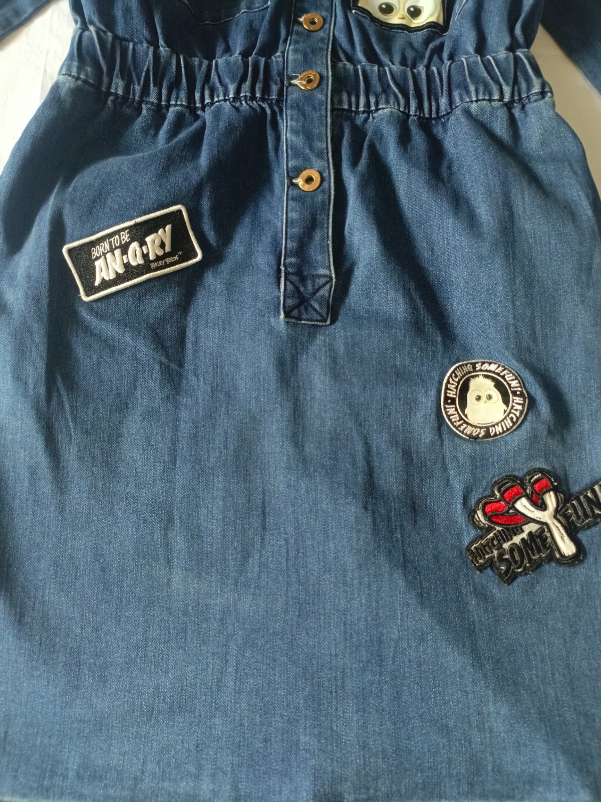 Five Plus Angry Birds Jeans Dress Denim Button Front Midi Utility Dress Size
