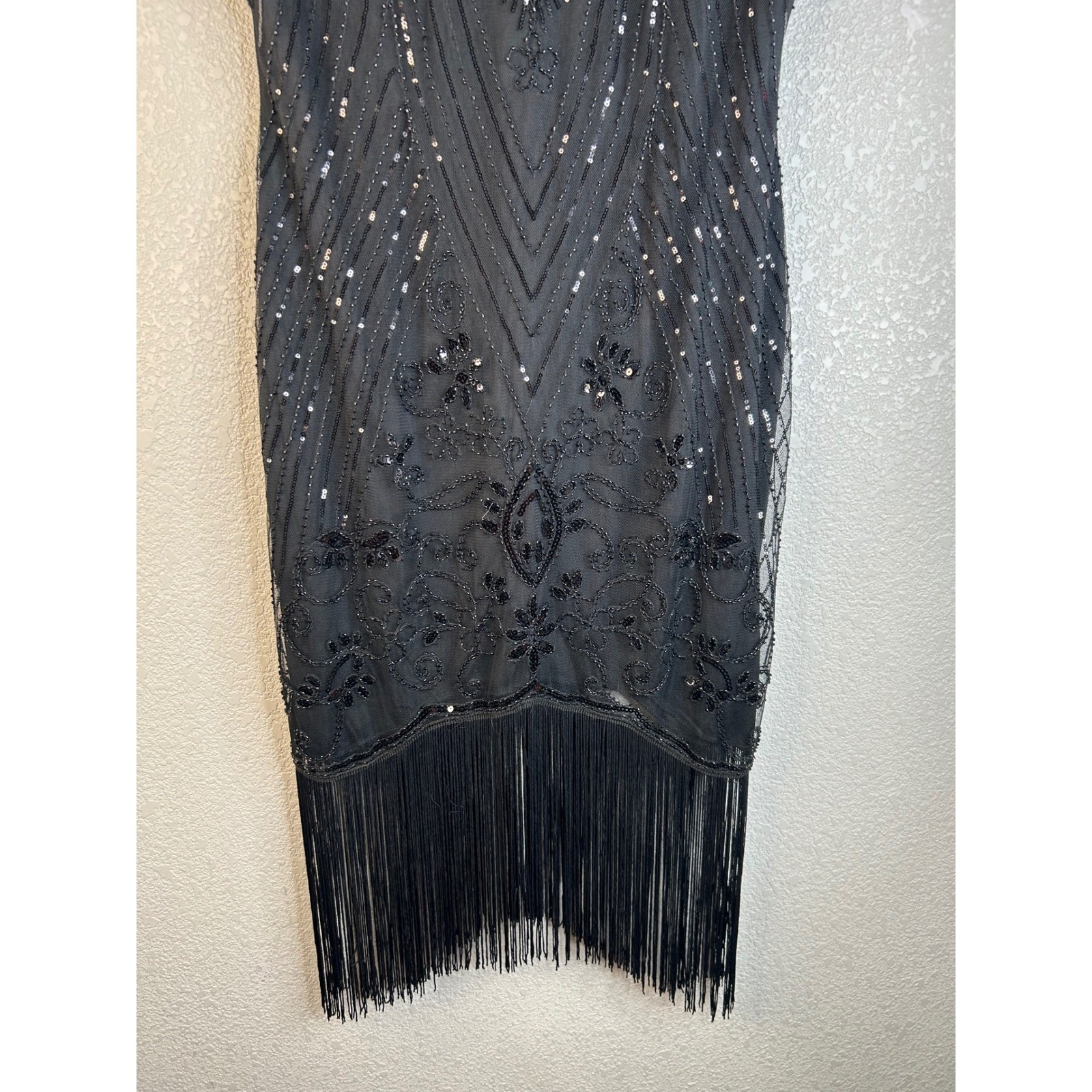 Black Beaded Sequin Fringe Flapper Gatsby Roaring 20’s Vintage Style Dress XL