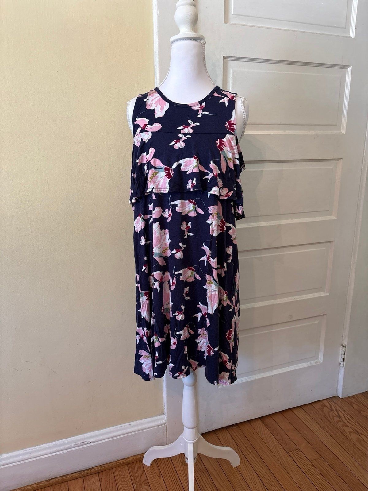 Off shoulder tunic top dress keyhole button blue floral blue pink scoop neck NEW