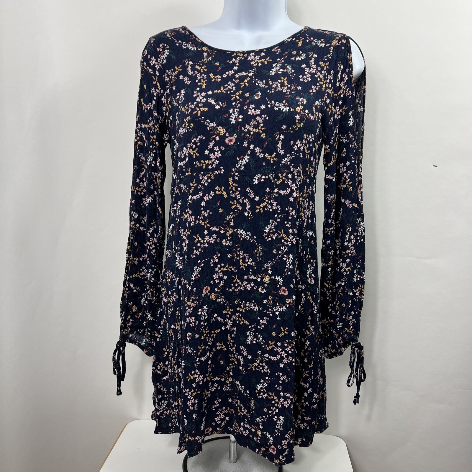 American Eagle Mini Dress Size XS Blue Floral Sundress Women’s Long Slit Sleeve