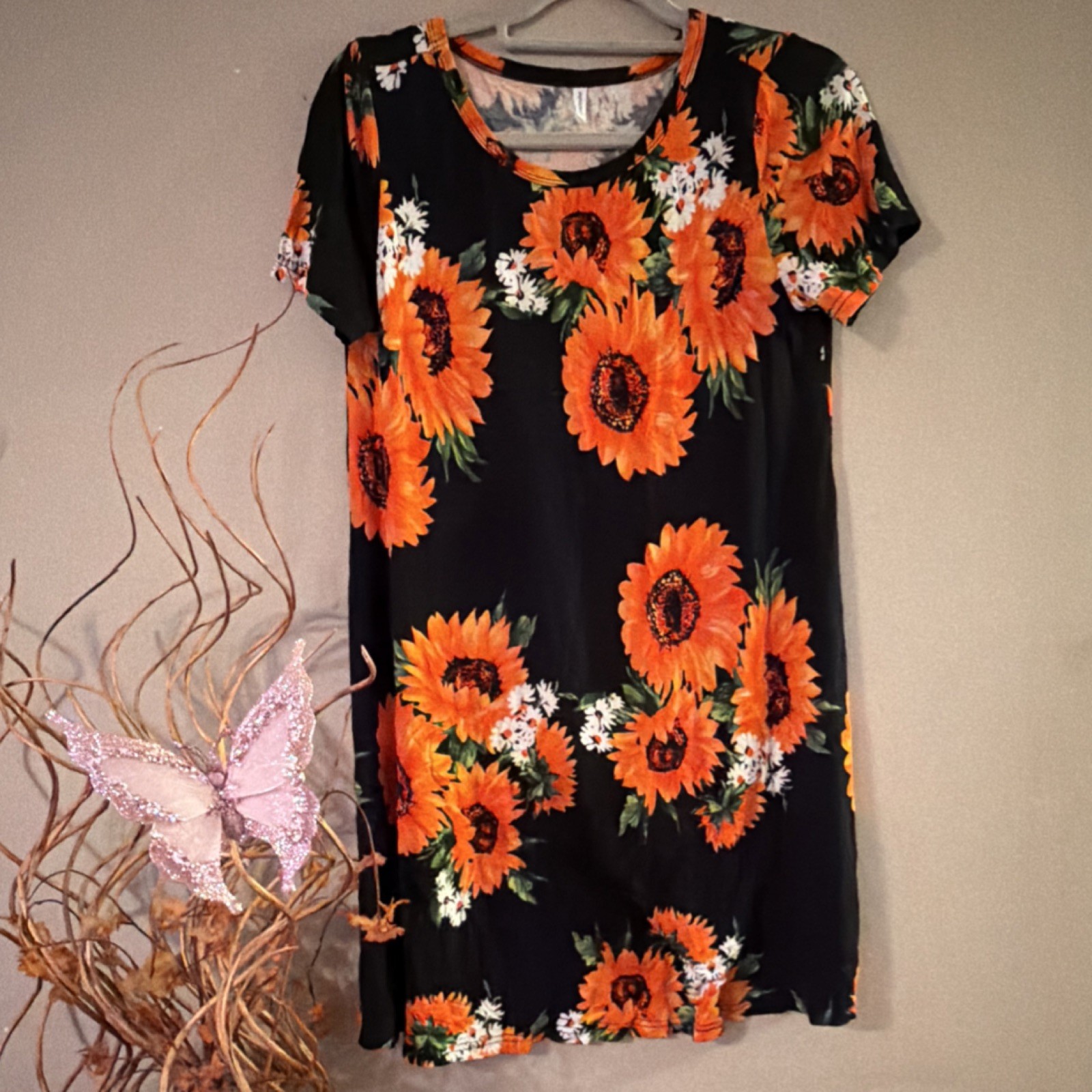POPYOUNG Black Orange White Green Floral A-Line Dress Short Sleeve Pullover M