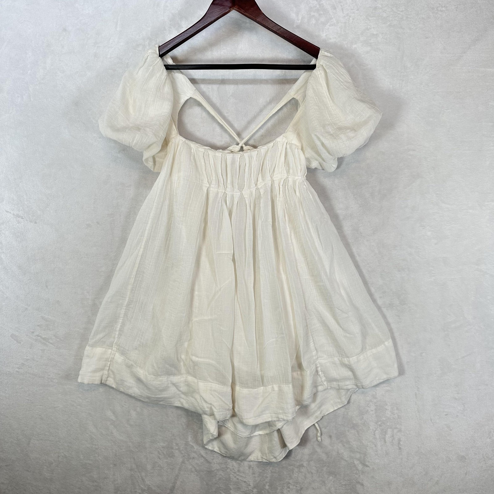 Free People Dress Womens S White Puff Sleeve Babydoll Tie Back Mini Boho Lolita