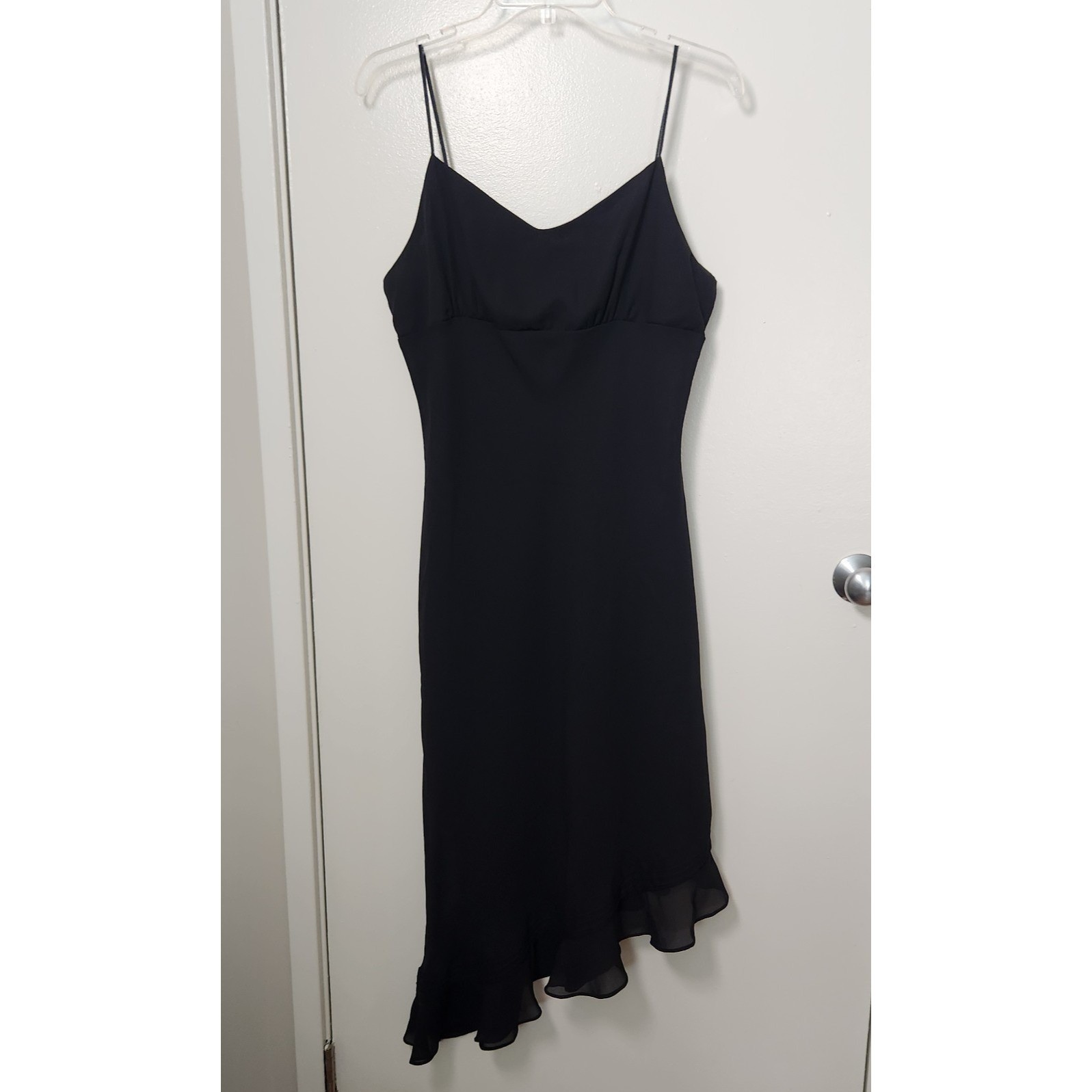 Black Asymmetrical Slip Dress Chiffon Strappy Y2K 90s Ruffle HOCO Large Vtg