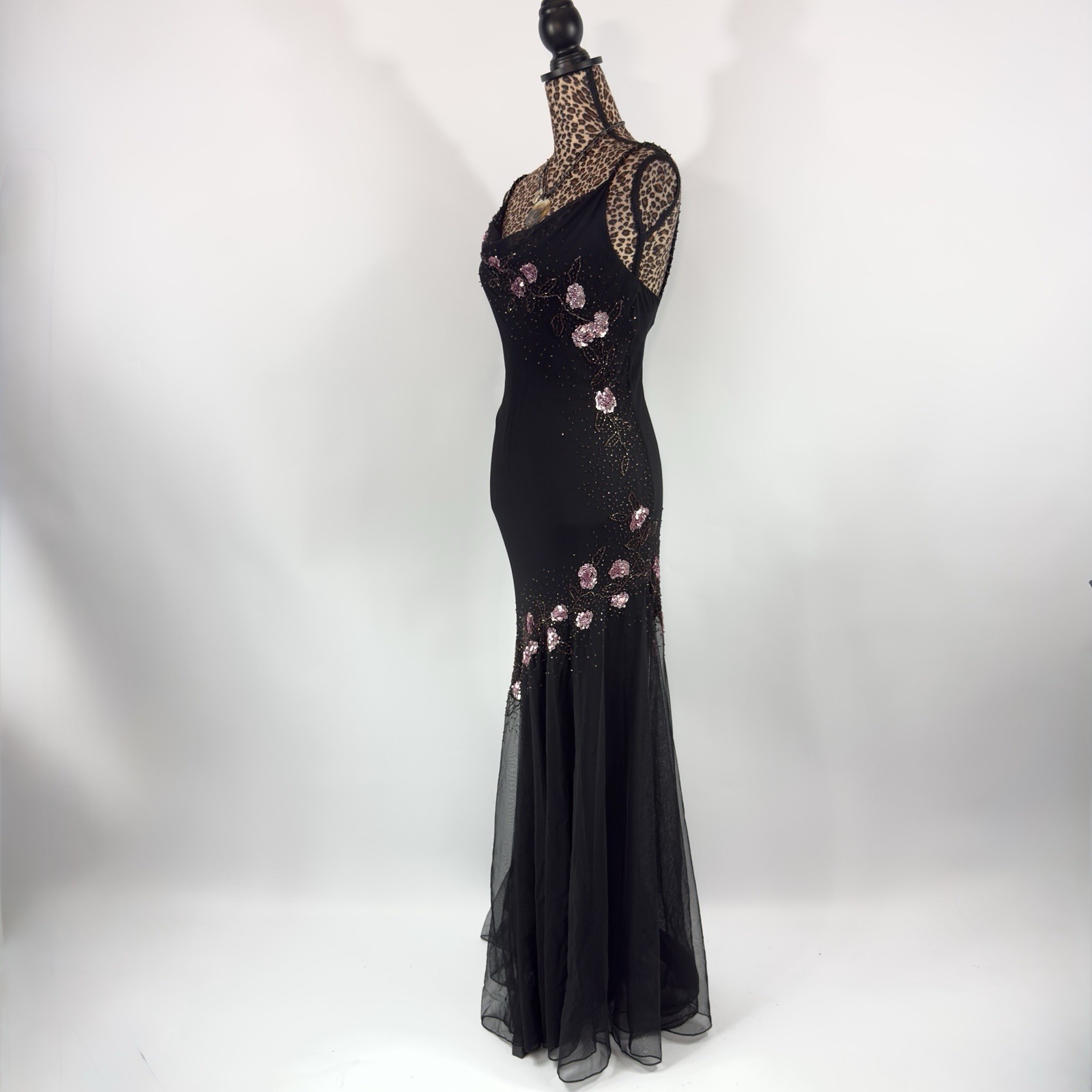 90s Xscape Black & Pink Silk Beaded Floral Embroidered Gown