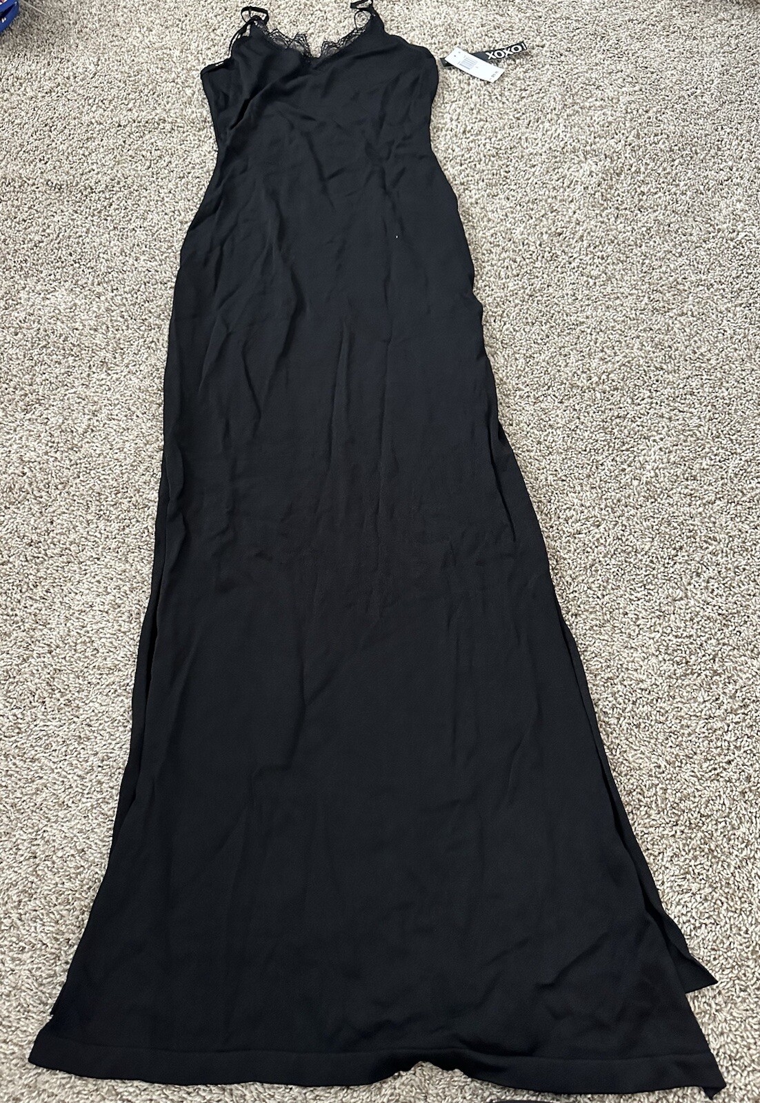 XOXO Womens Black Spaghetti Straps Stretch Long Split Side Dress Size Large