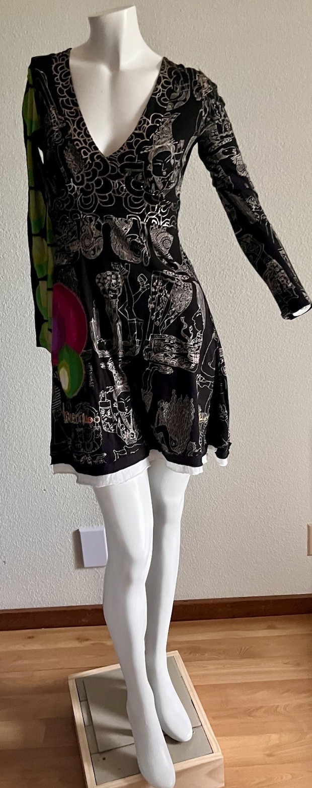 Desigual Art Print Dress Size Small Black Graphic Asymmetrical Sleeve Boho