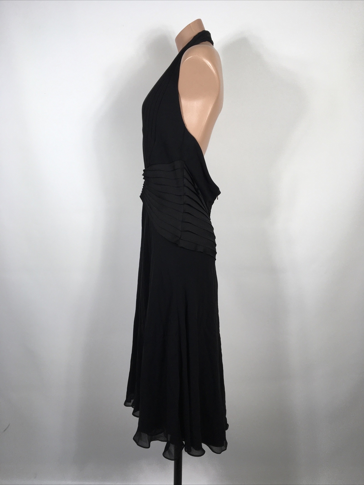 Silk Dress Tadashi Collection Black Pleated Halter Flare Cocktail Sz L 12 Formal