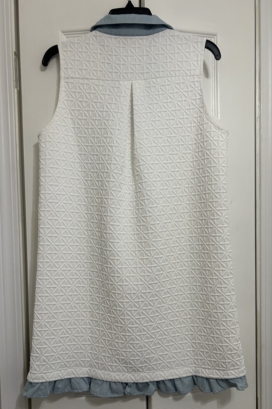 SSYS The Label White Blue Textured Collared Shift Dress Ruffle Hem Sleeveless S