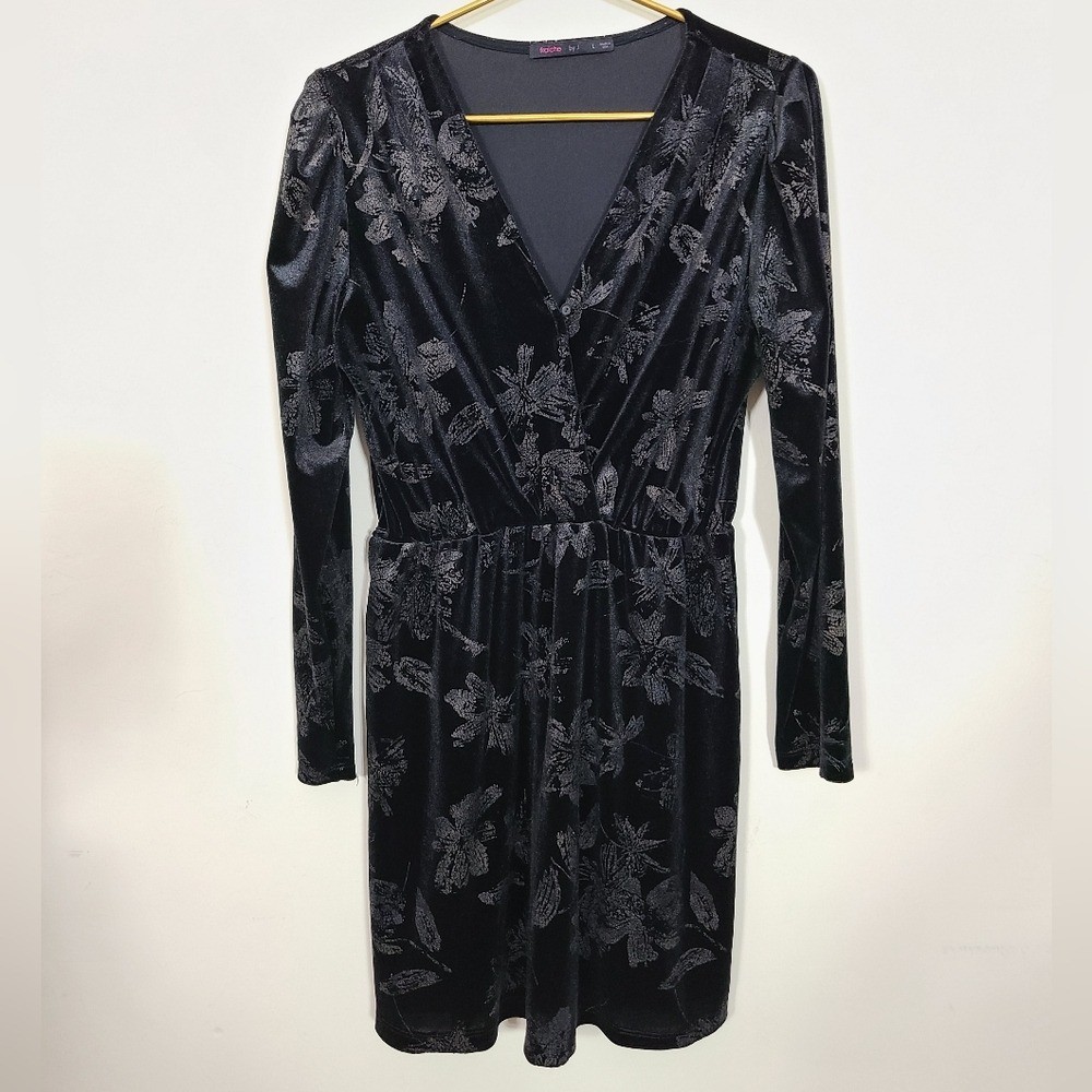 Fraiche By J Black Floral Velvet Long Sleeve Dress Womens Size Large