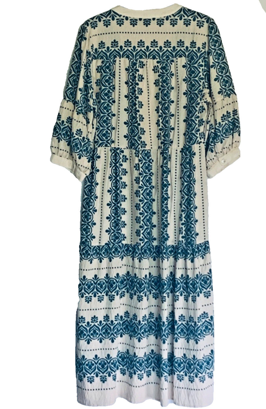 Figueroa & Flowers Dress Size Large Tiered 3/4 Sleeves Boho Teal Blue and Ivory