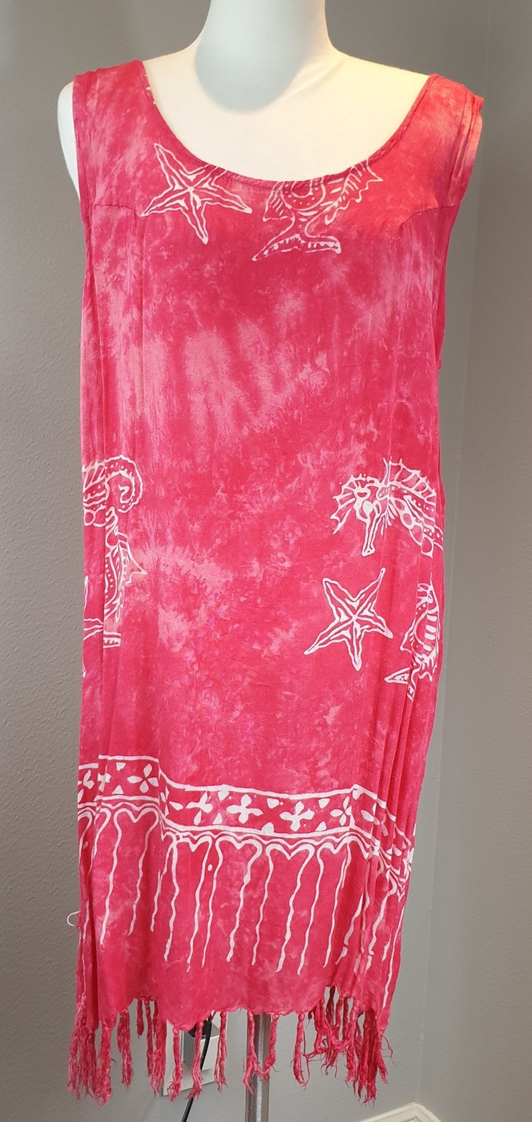 Pink Women’s Cover Up Dress Fish Beach Pattern Size L Star Seahorse Fringe