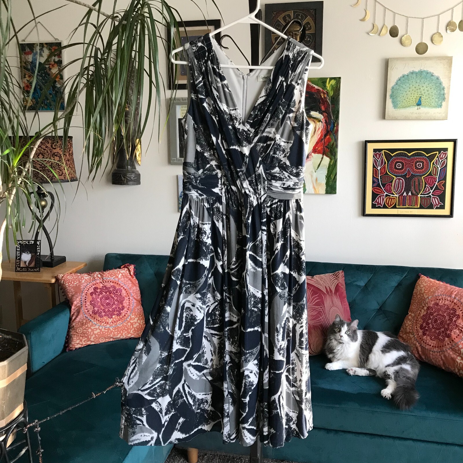 COLDWATER CREEK size 6 Gray Cream & Navy Blue Print Mesh Fit & Flare Dress