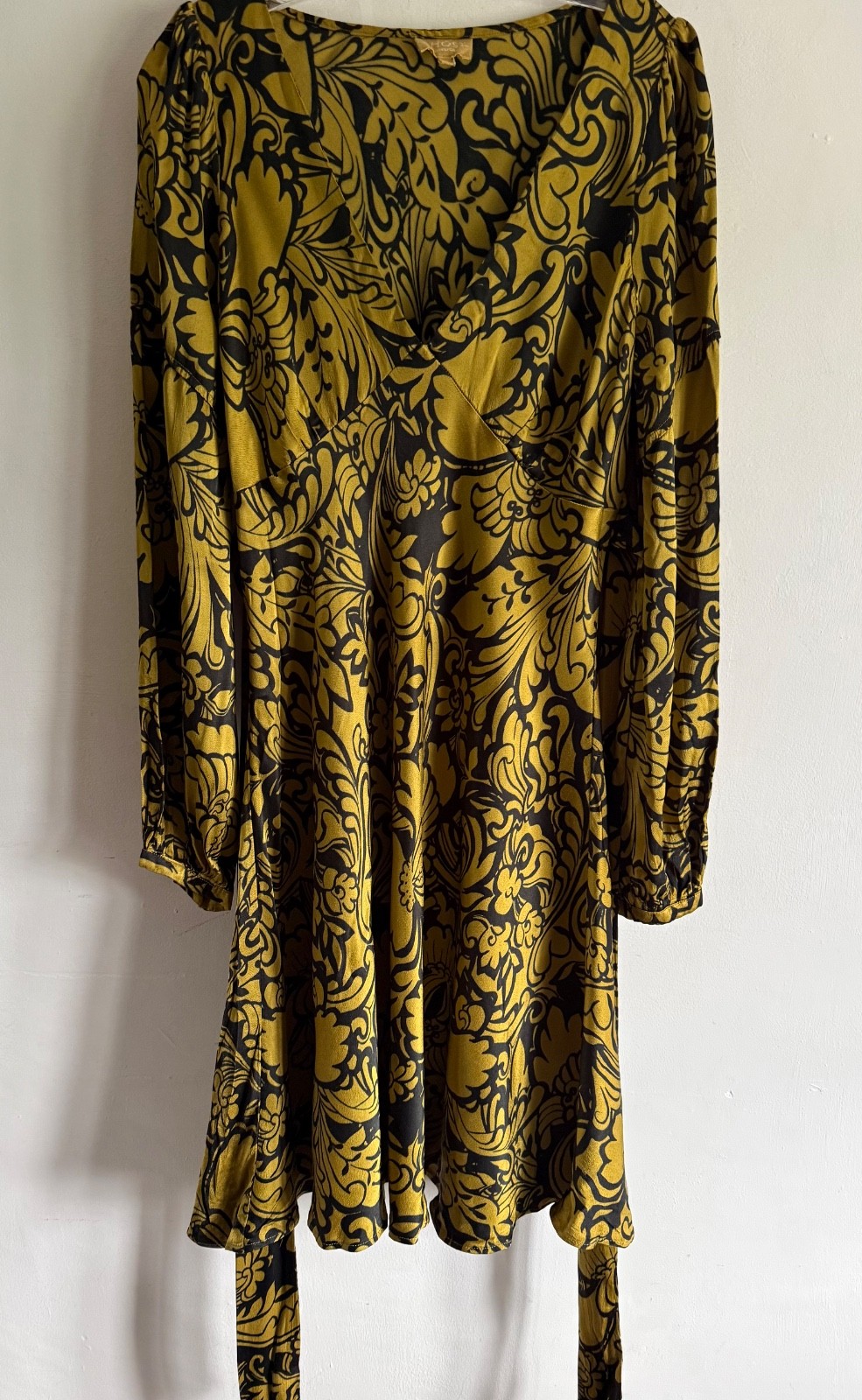 GHOST LONDON YELLOW & BLACK FLORAL PRINT LONG SLEEVES MIDI DRESS SIZE: LARGE