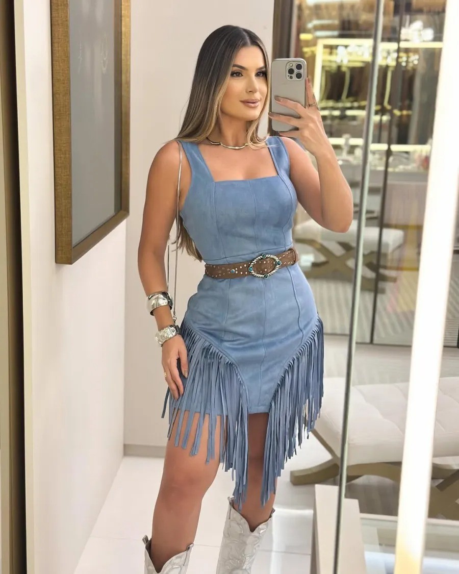 Women’s Cotton Square Collar Sling Tassel Dress Without Belt