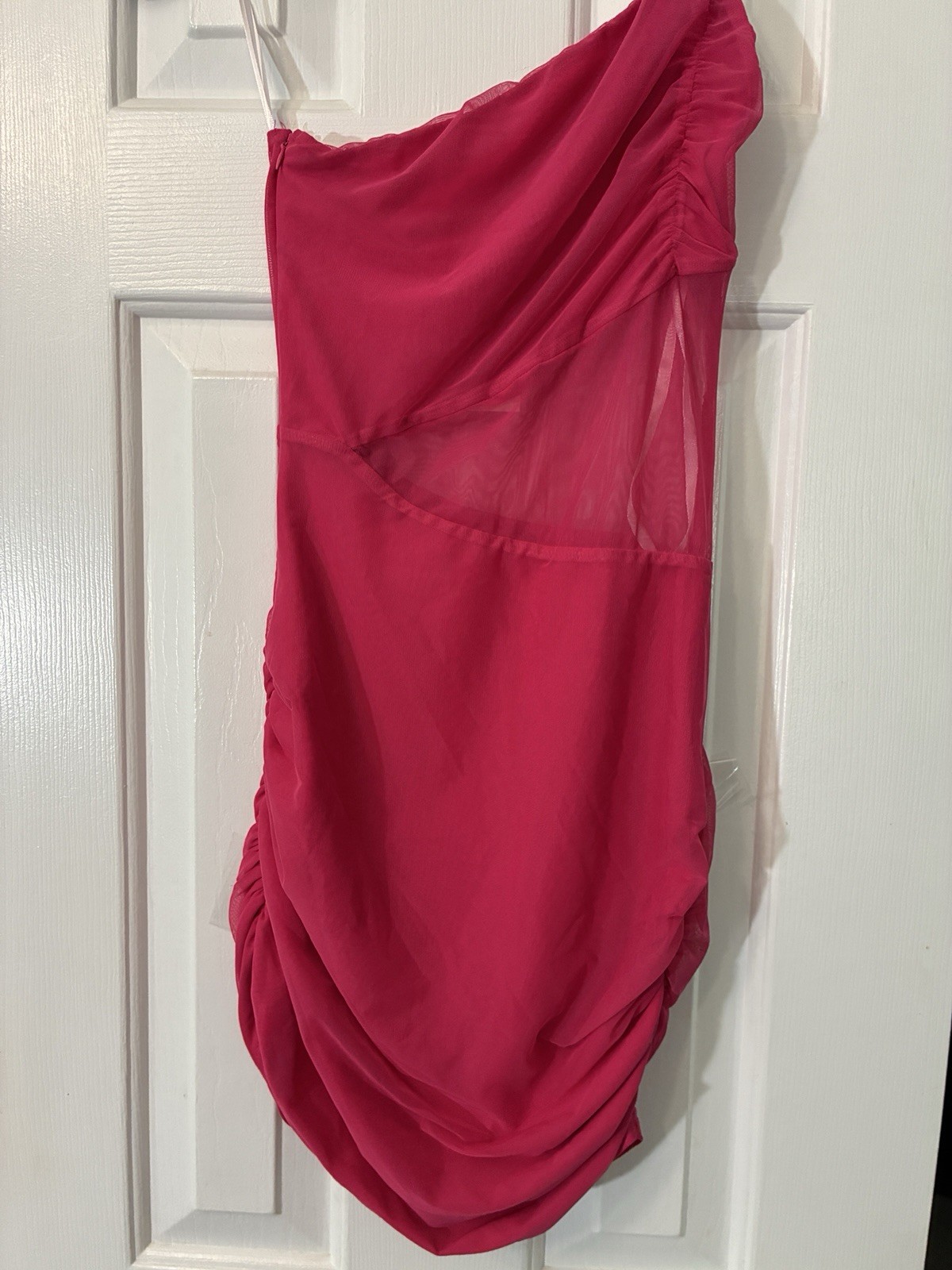 superdown Pink One Shoulder Ruched Sheer Mesh Bodycon Mini Dress XS