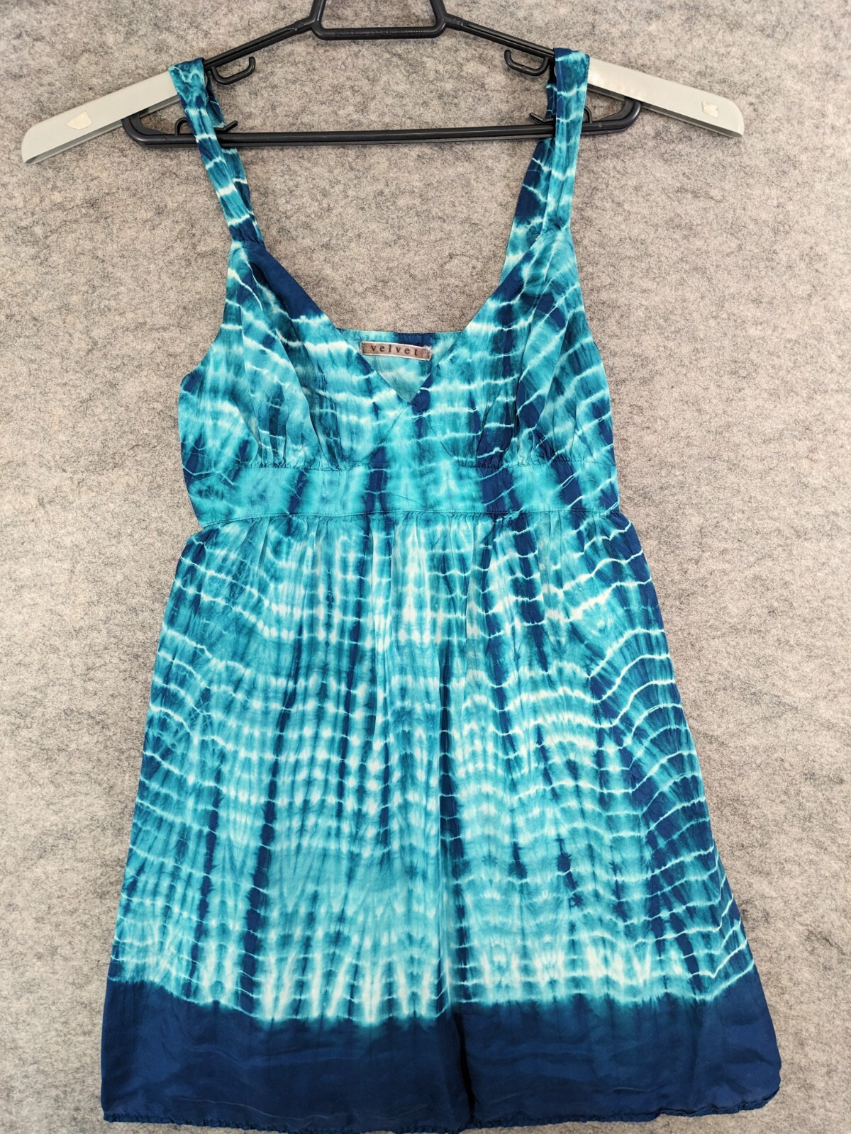 Velvet Dress Women Small Blue Tie Dyed Silk Empire Waist Lined Sleeveless Straps