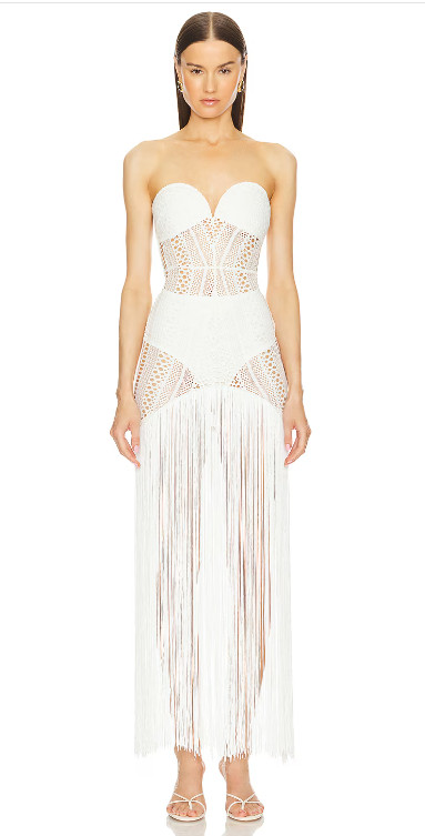 Michael Costello x REVOLVE Raelyn White Fringe Crochet Maxi Dress Sz L Resort