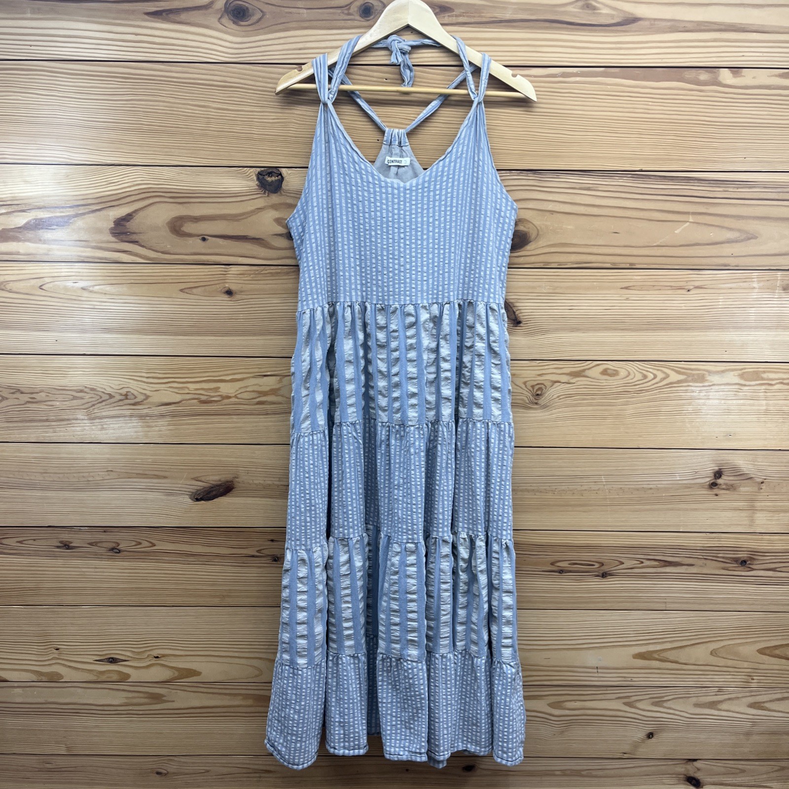 Self Contrast Dress Medium Blue Gray Seersucker Halter Strap A-Line Stripe B112