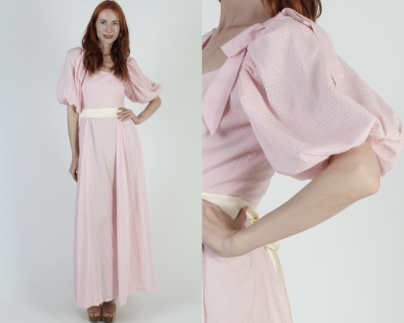 Vtg Barbiecore Southern Belle Dress Puff Slv Pink Plantation Saloon Maxi Gown