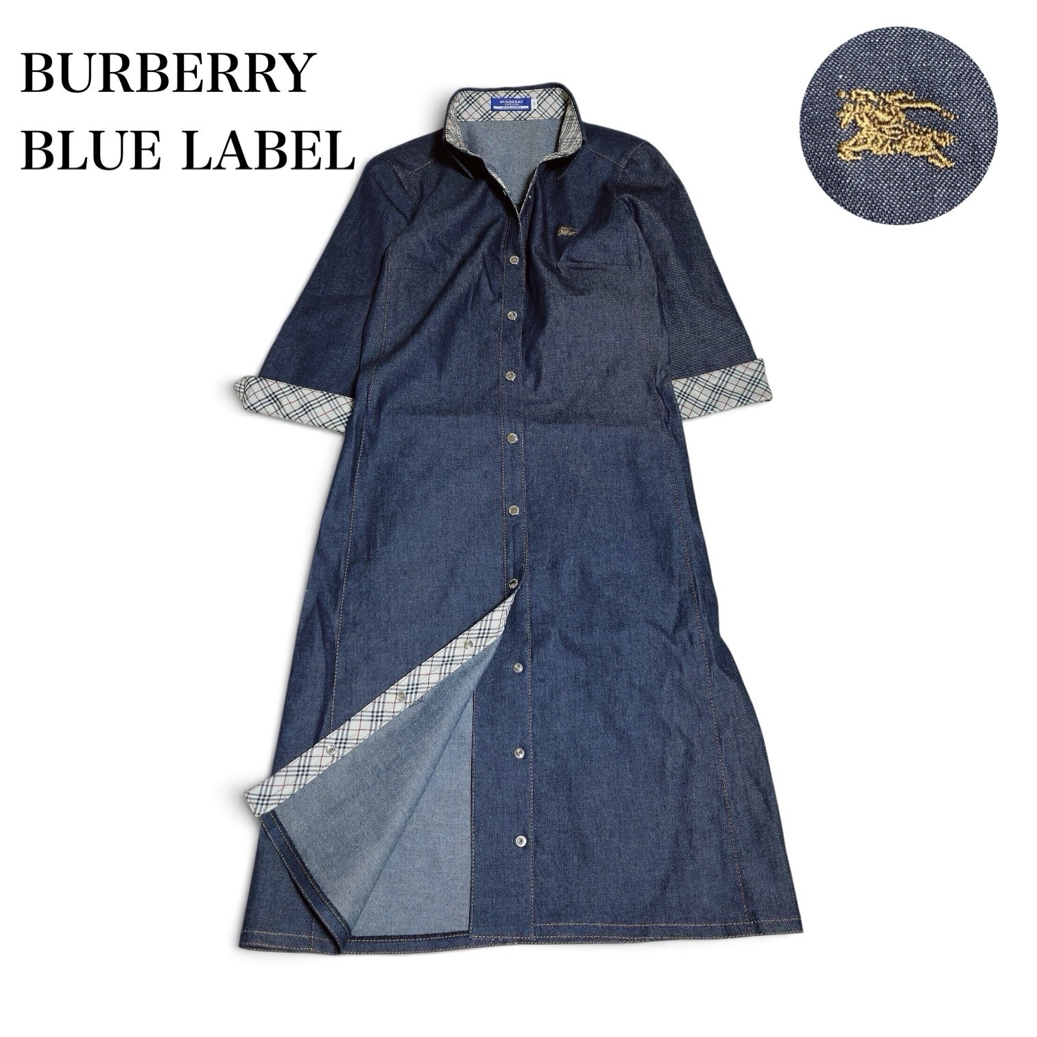 Burberry Blue Label Denim Shirt Dress, Nova Check, Horse Embroidery, Size 38