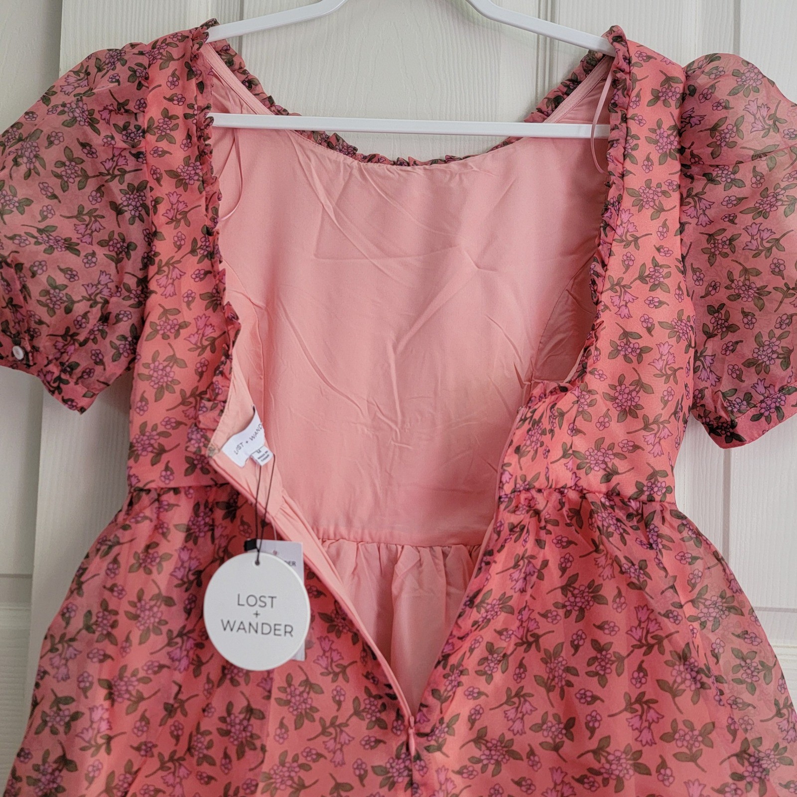 NWT Lost + Wander Pink Floral Venus Rising Mini Dress Babydoll Puff Sleeves Med