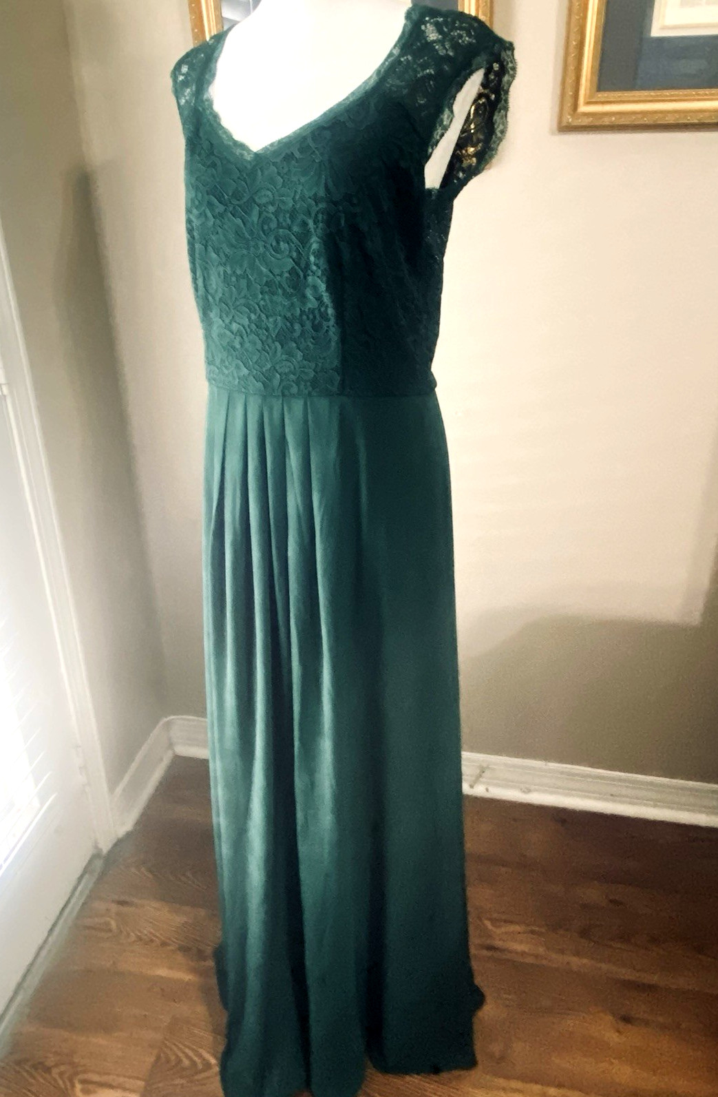 NWT Miusol Dark Green Sz L Evening Gown Lace Bodice Crepe Skirt Sleeveless Lined