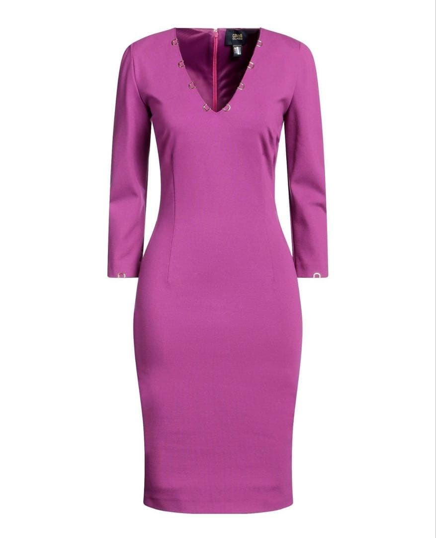 Cavalli Class Purple V-Neck Long Sleeve Dress Gold Hardware Size US 8 NWT