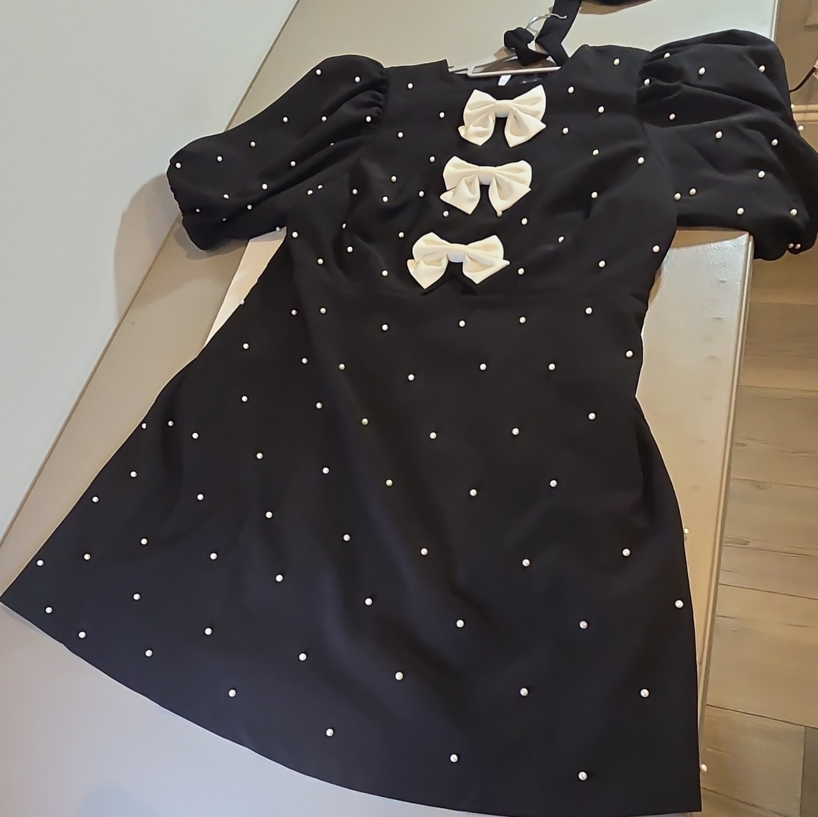 ELOQUII Women’s Size 14 Black Mini Dress Puff Sleeve Pearl Bow Square Neck