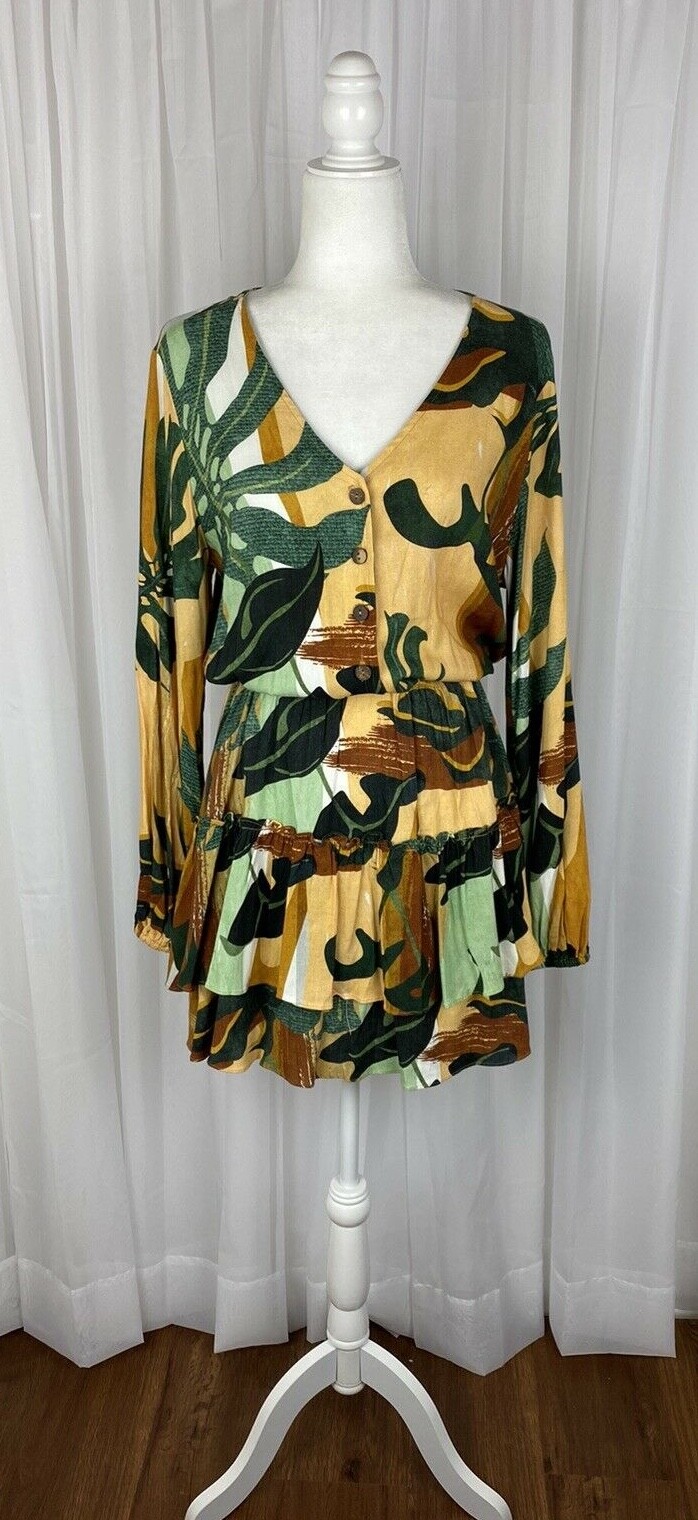 Shore Sz L Yellow Green Tropical Print Valencia Tiered Long Sleeve Dress $152