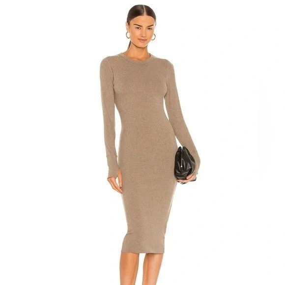 WSLY Ribbed Knit Bodycon Midi Dress Heathered Taupe Womens Sz L Minimalist