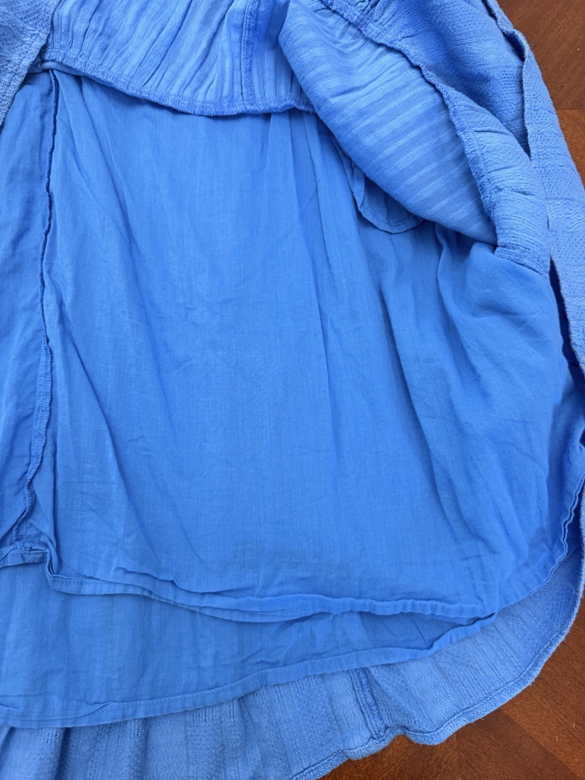 Anthropologie Blue Tiered Dress Medium Cotton Lace Boho Pockets Lined