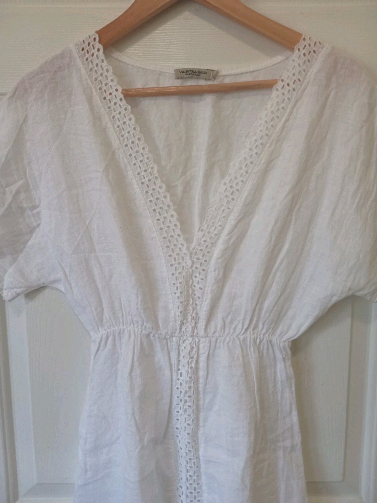 VALENTINA NALDI Womens White V Neck Elastic Waist Linen Dress Casual Resort S