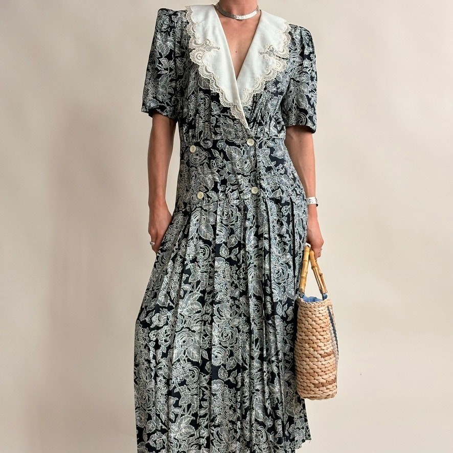 Vintage Jane Singer Navy Floral Maxi Dress – Size 8