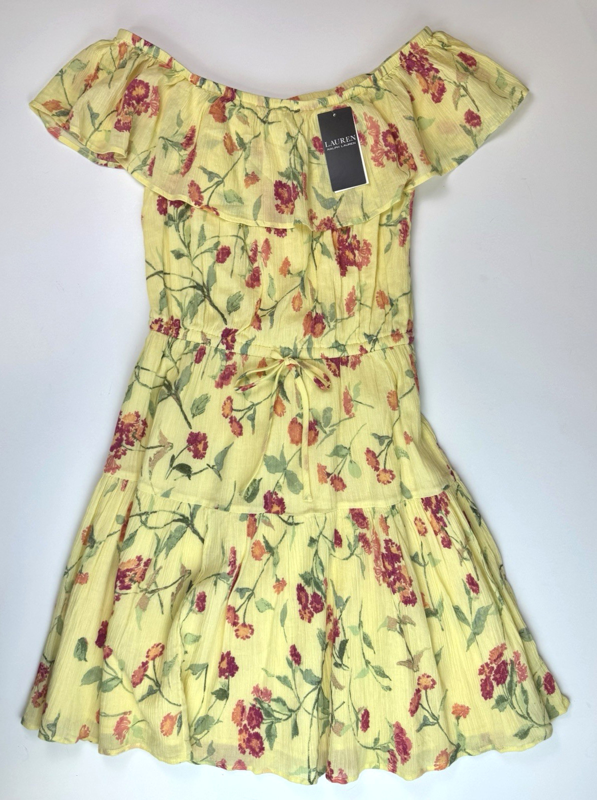 Ralph Lauren Ruffle Georgette Dress Yellow Floral Crinkle Womens Sz 4 $145 NWT