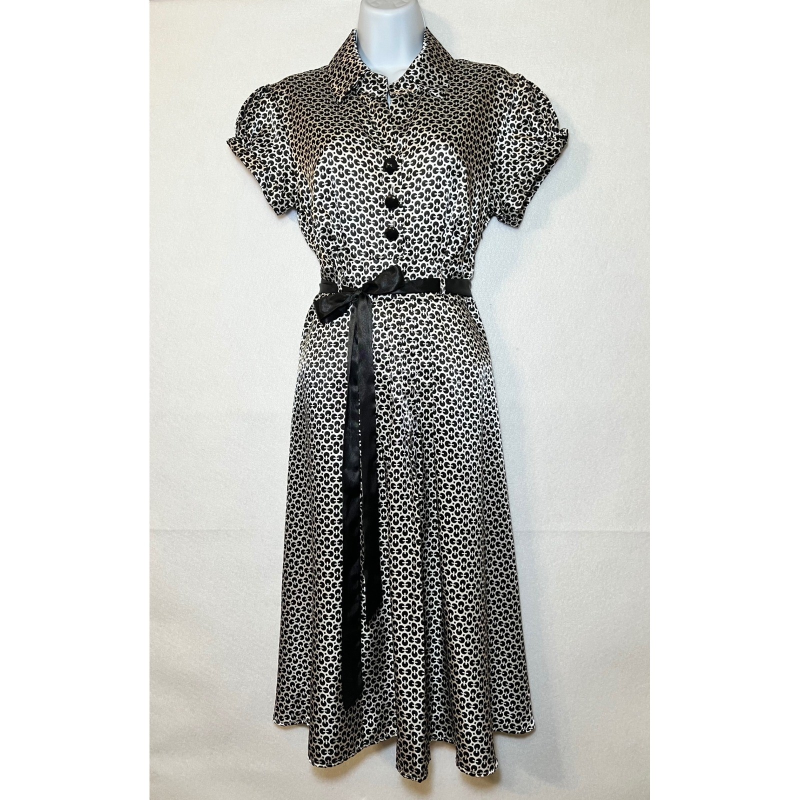 Robbie Bee Vintage Inspired Goth 50s Geometric Print Satin Midi Dress Belted 10