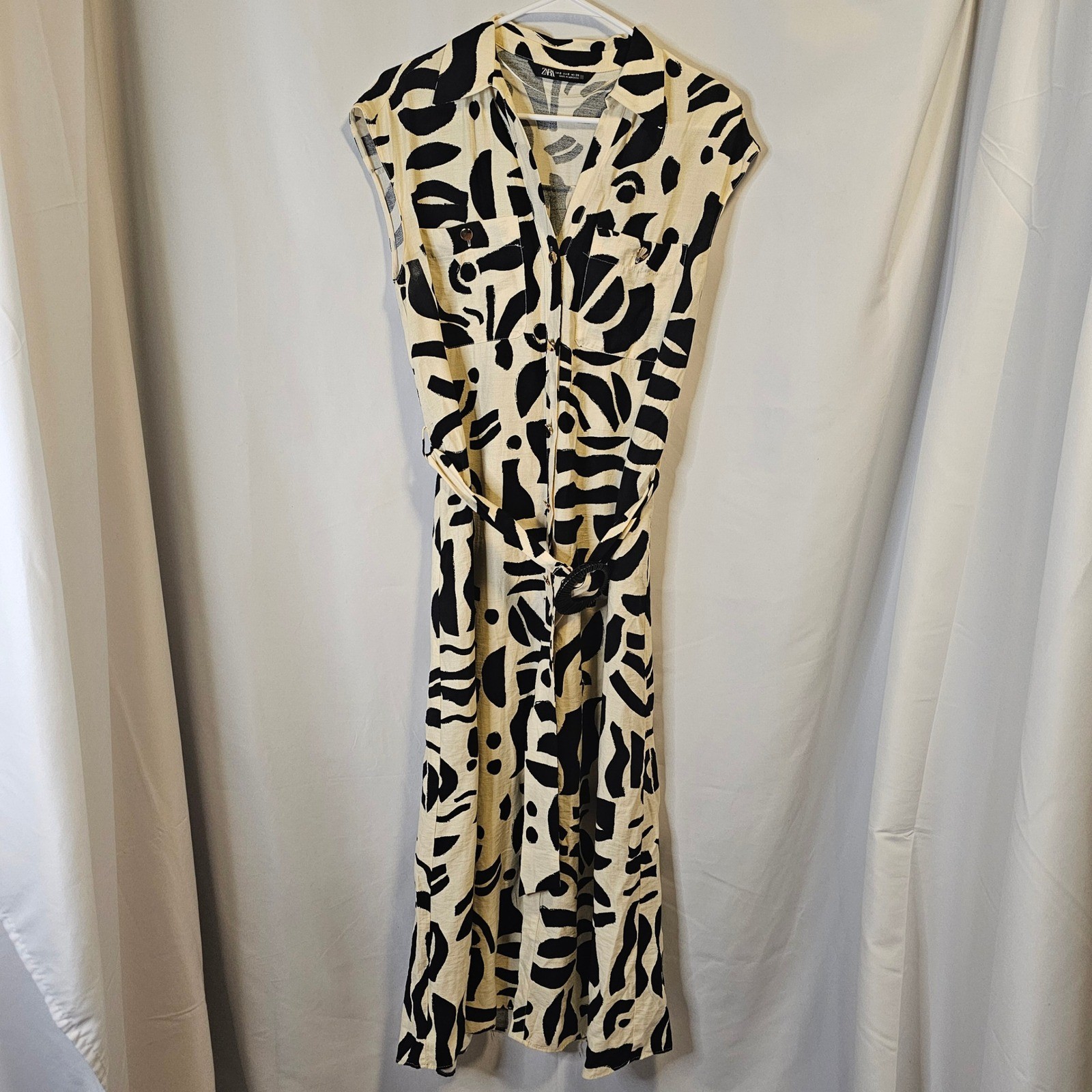 Zara Shirt Dress Womens Small Cream Black Abstract Graphic Belted Midi Gold
