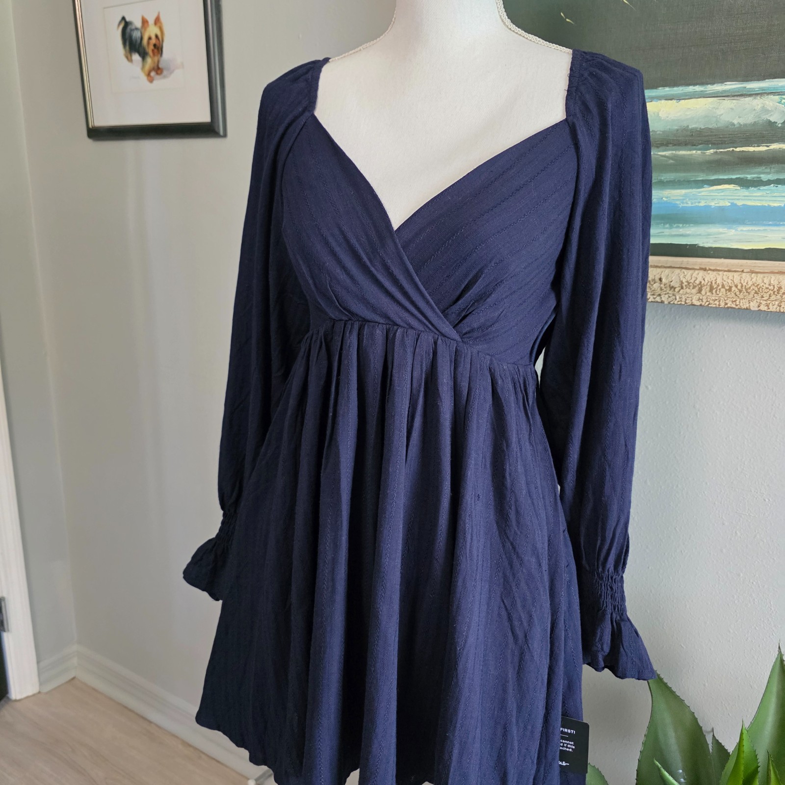 Lulus Navy Smock Gathered Top Bell Sleeve Dress size XS NWT