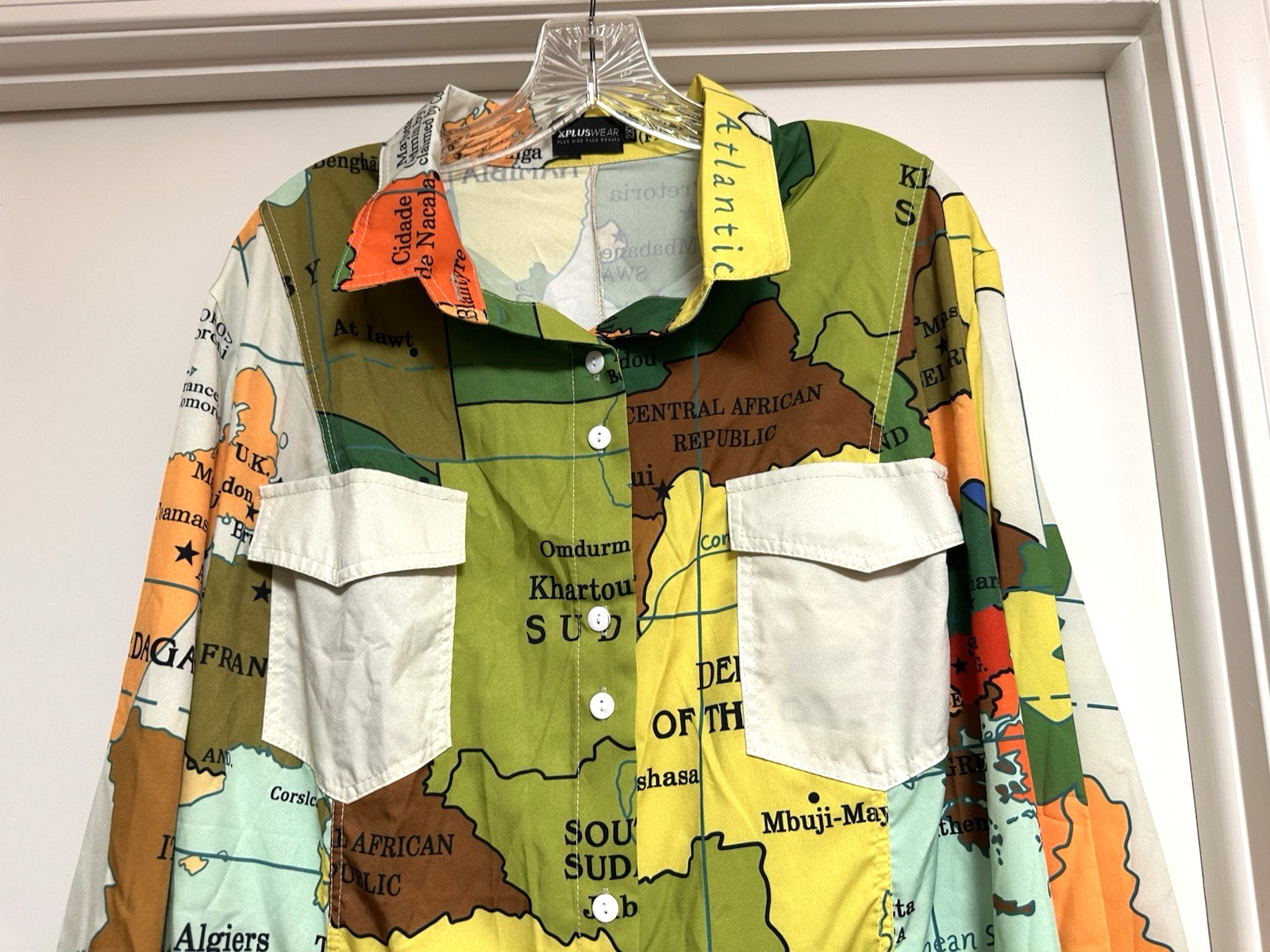 XPlus Wear Womens Long Sleeve Button-Up Shirt Dress Multi Map Print Size 2XL