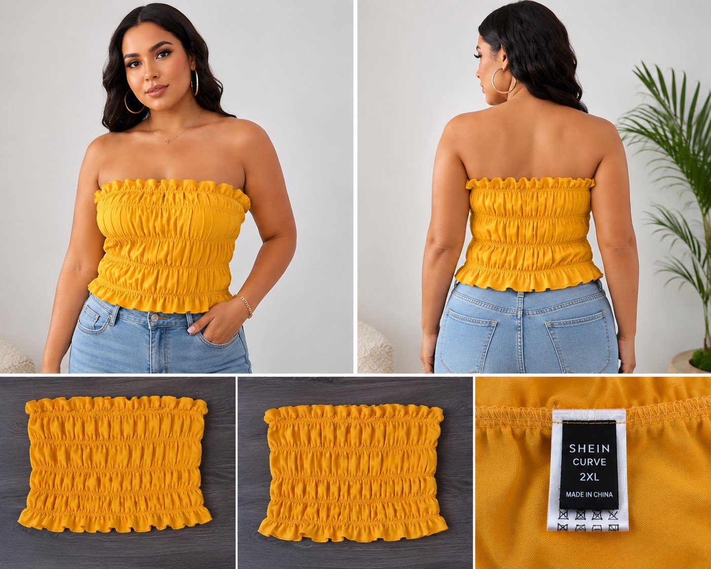 SHEIN Curve Women’s Yellow Smocked Off Shoulder Mini Dress Size 2XL