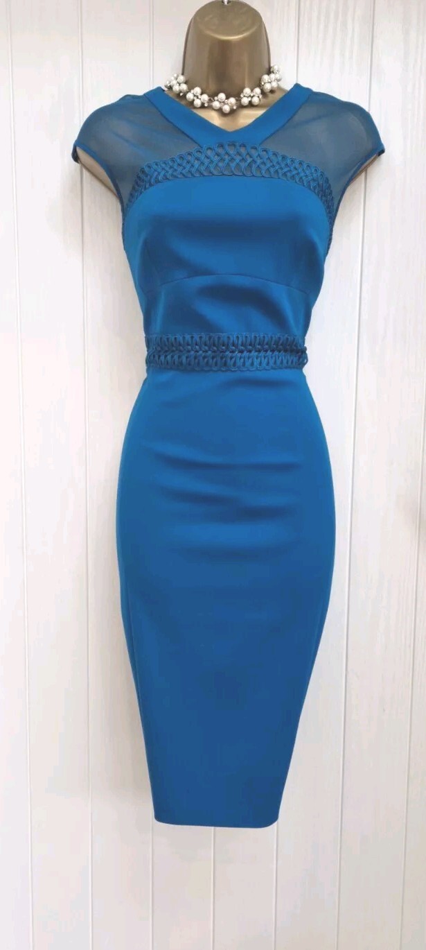 Karen Millen Peacock Blue Sheer Tapework Pencil Wiggle Occasion Dress UK 12