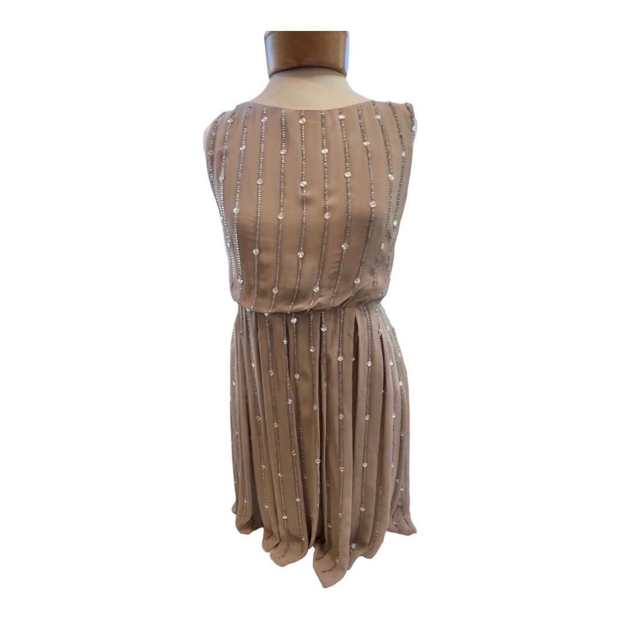 Champagne Taupe Rhinestone Beaded Goddess Dress Open Back Pleated Forma