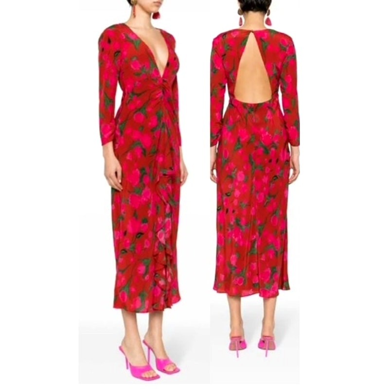 RIXO Silk Ruffled Rose Printed Open Back Maxi Dress 6