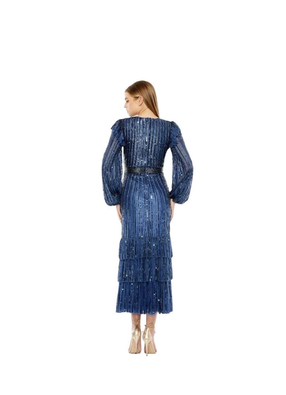 Mac Duggal 23003 Midnight Blue Sequined Tiered Midi Dress Long Sleeve Sz 16 $698