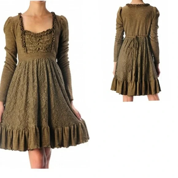 RYU Romantic Empire Waist, Long Sleeve, Short Lace Sweater Dress, Brown, Small