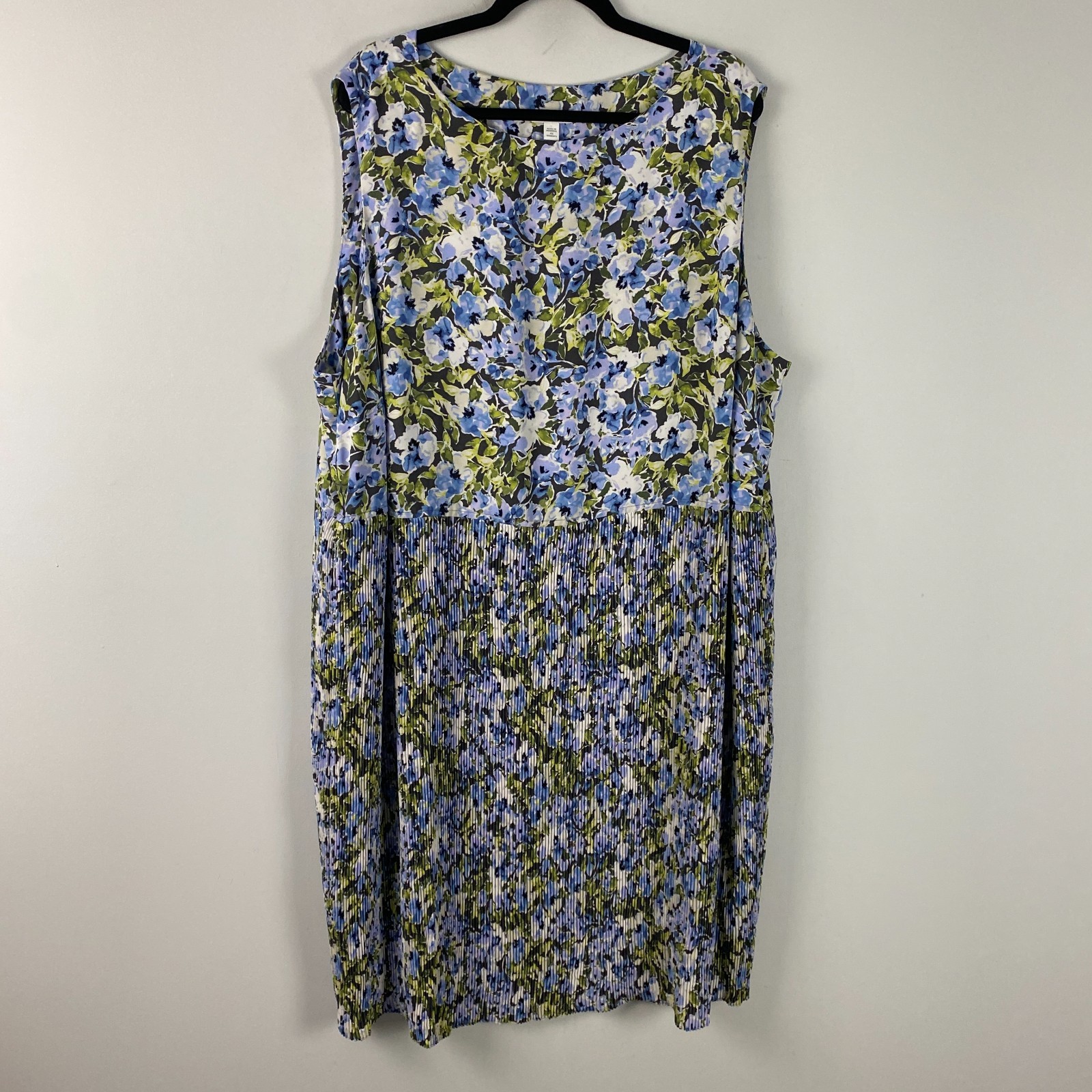 J Jill Shift Dress Size 4X Tank Pleated Blue Green Floral Sleeveless Lined