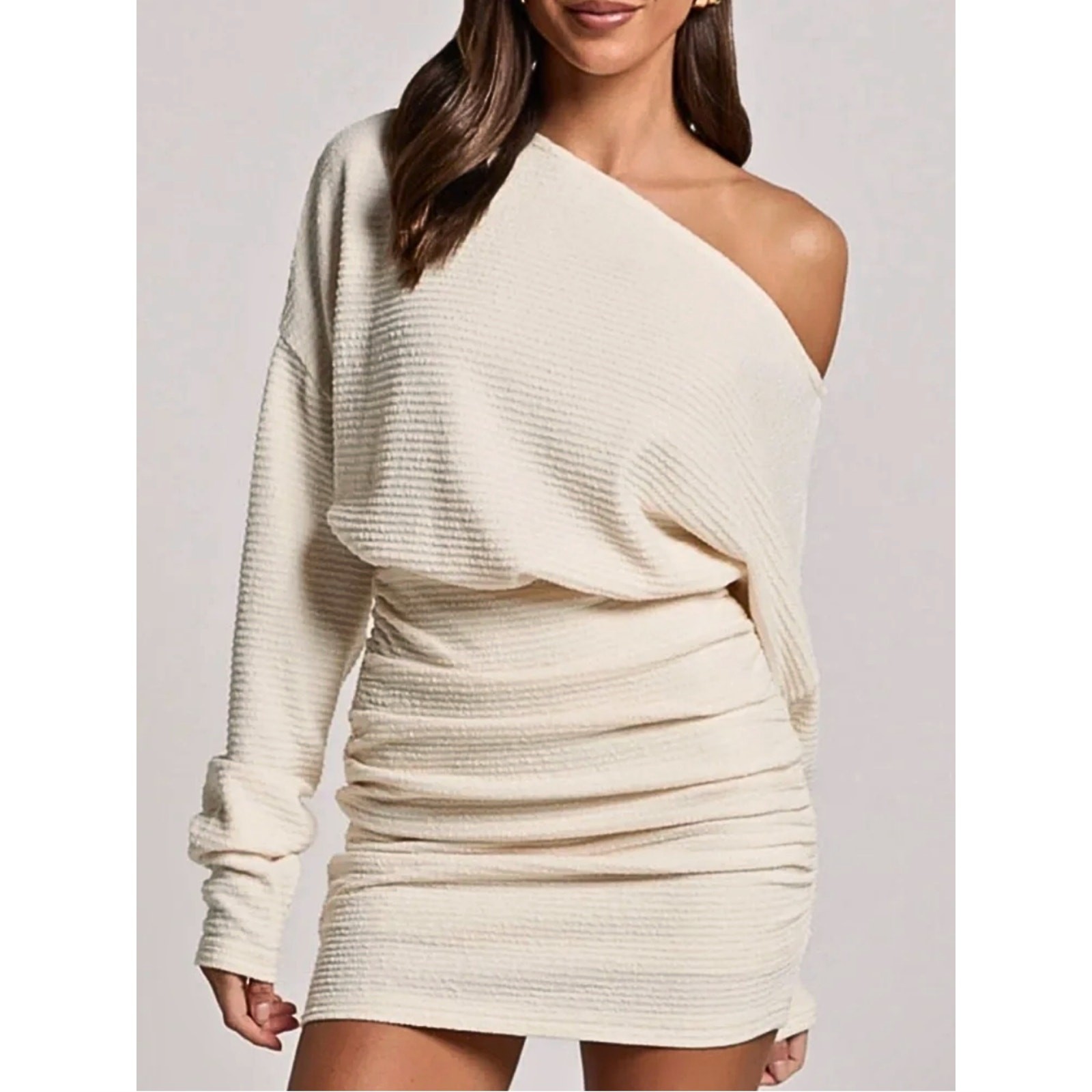 Showpo Cream Long Sleeve Mini Dress Size 4 Off The Shoulder Fitted Stretch Alyce