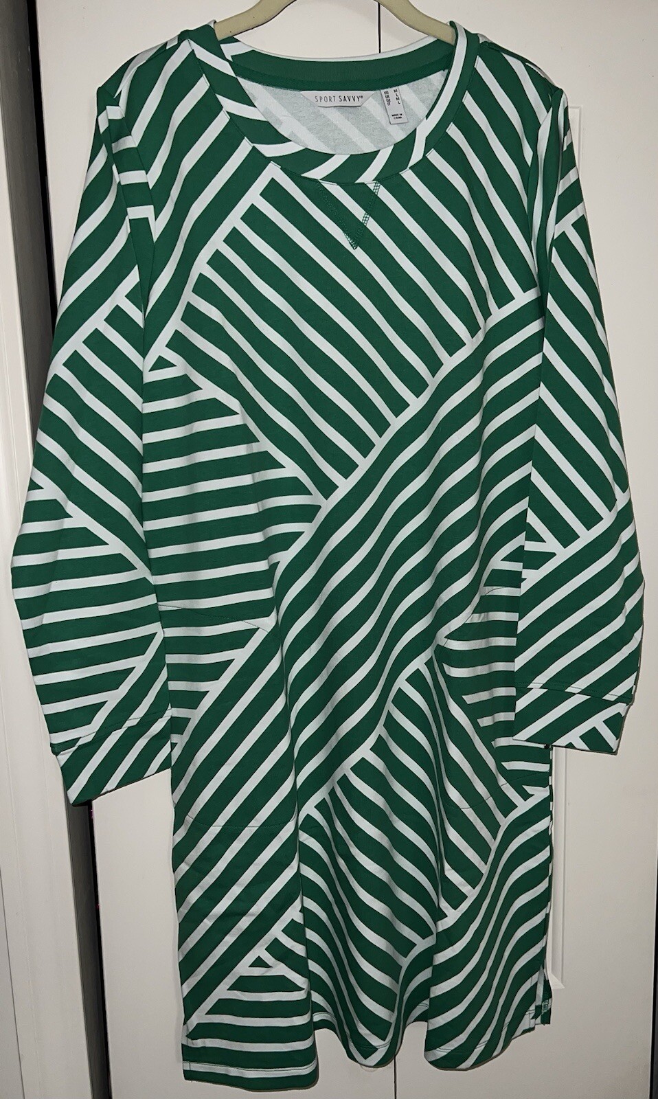 Sport Savvy ‘emerald’ green/white stripe french terry dress with pockets Medium