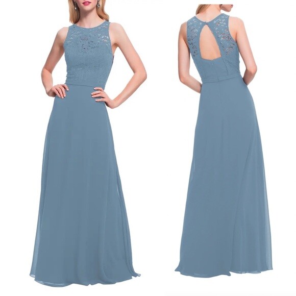 #Levkoff Slate Lace Bodice Chiffon A-Line Gown WOMENS SIZE 8 BLUE NEW