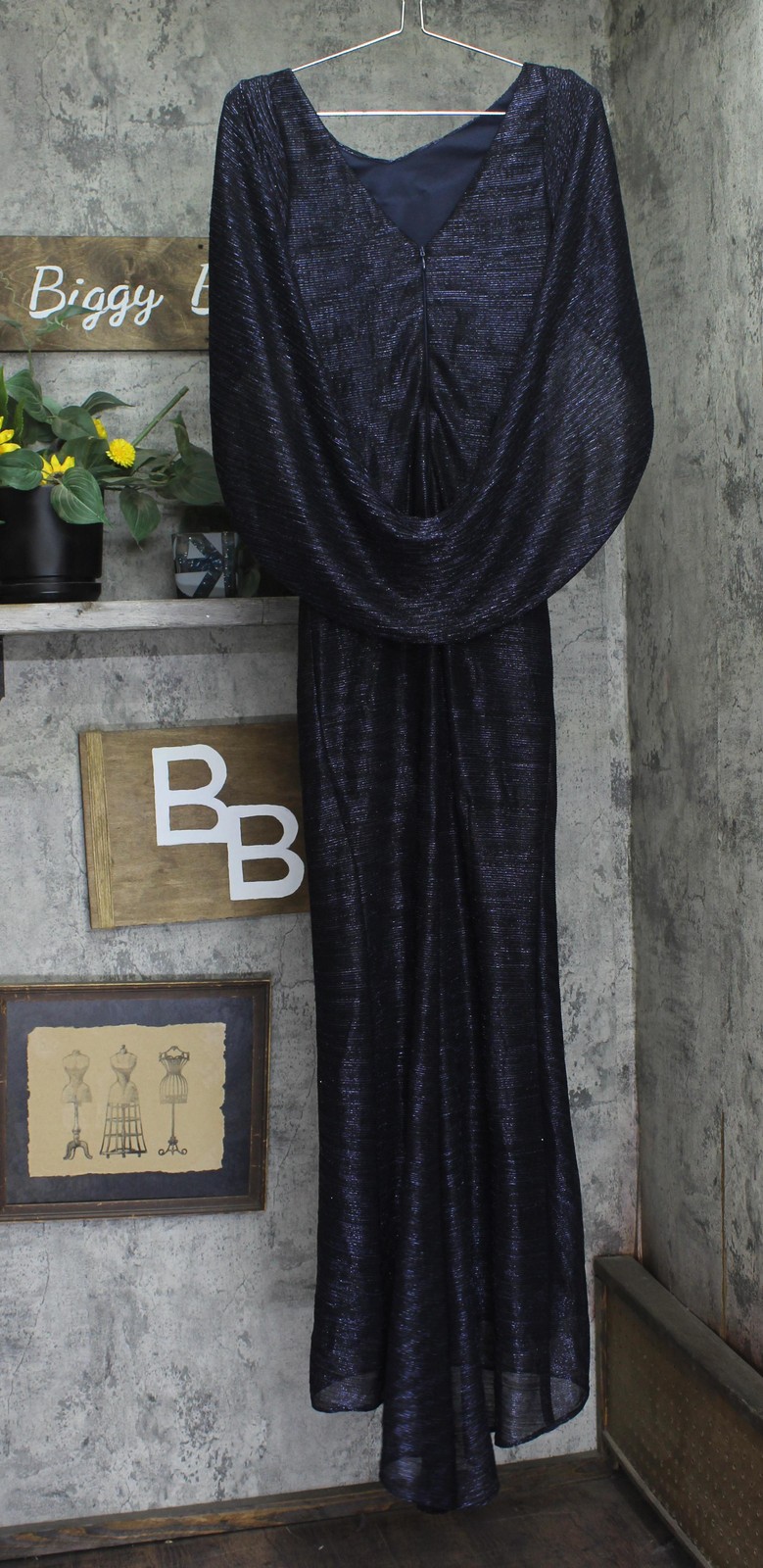 Betsy & Adam Womens Long Metallic Cape Gown A24013D Navy Blue / Royal 4